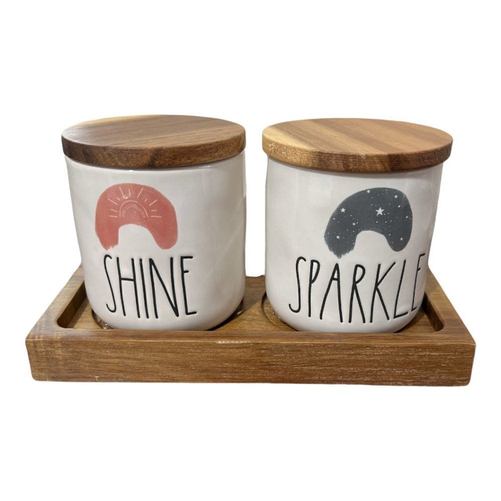 Rae Dunn ceramic SHINE - SPARKLE canisters / holders Set of 2 on a wood tray wit